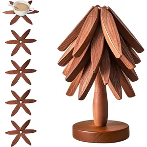 Novel Wooden Tree-Shaped Insulating Mat Set, 4 Wooden Mats + 1 Stand, Foldable Kitchen Mat for Hot Dishes, Pots, Bowls, Teapots