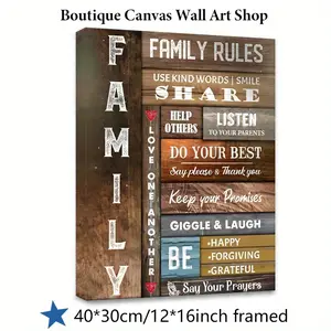 2D Flat, 1 Piece Framed 2D Printed Canvas - Family Values "Family Rules" Wall Decoration - Living Room, Family Room Heartwarming Framed Canvas Painting - Modern Art Decoration, Wooden Frame, Indoor Use, Perfect Choice for Family Gatherings or Family Gifts