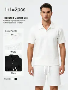 Men's Premium 3D Grid Summer Set, Breathable Textured Co-Ord, Relaxed Fit 2-Piece Short Sleeves Top & Bottoms