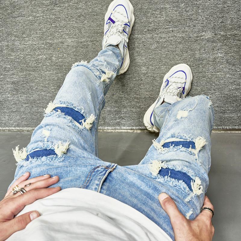 New Men's  Jeans patched denim Pants Spring Streetwear Hip Hop Slim Male Stylish Ripped Solid Casual Denim Holes SkinnyTrousers Menswear Underwear Human Pocket Motocross Beige Plain