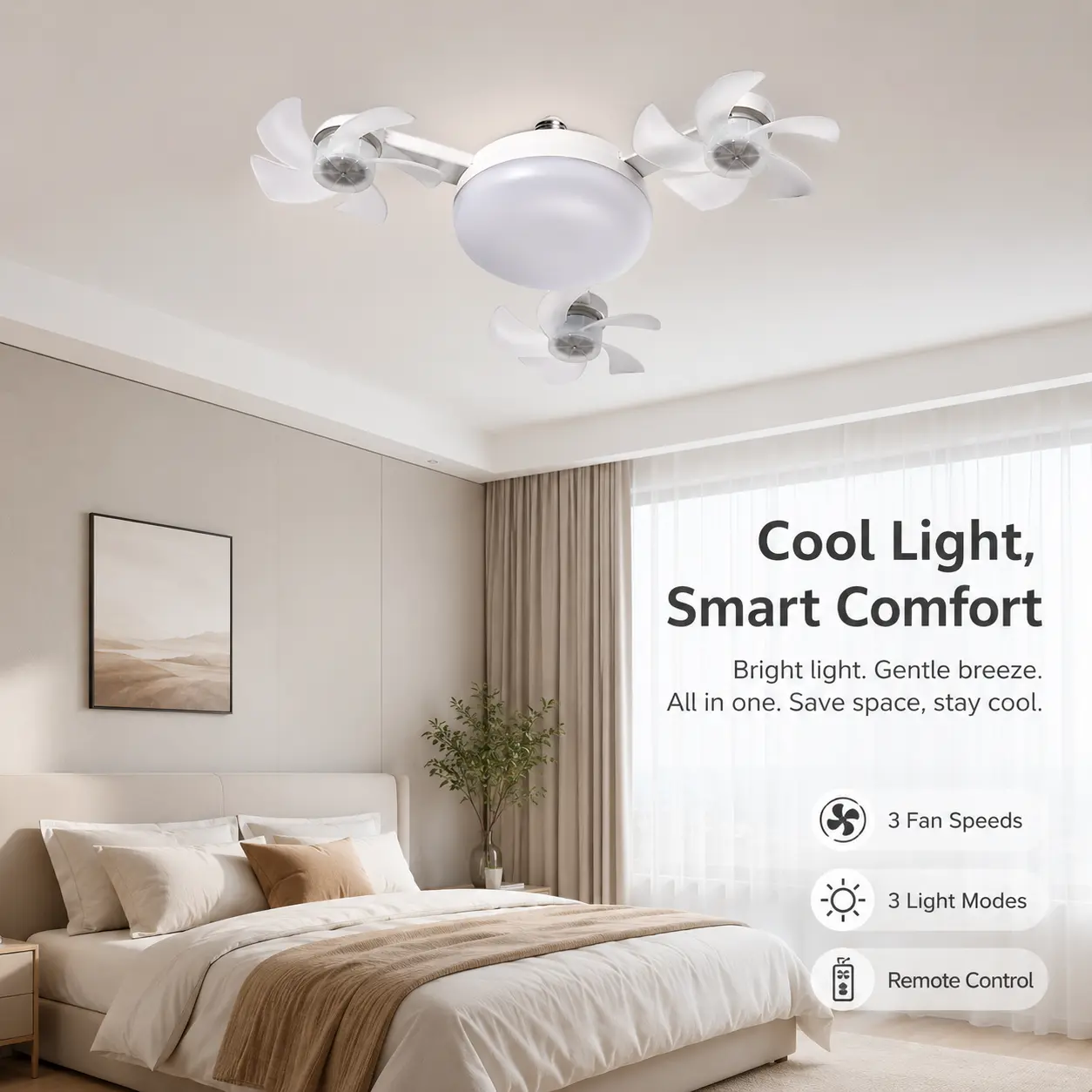 Foldable Drone Ceiling Fan Light – 3-Head Smart Ceiling Fan with Remote, 3-Speed Airflow & LED Light, Quiet E27 Plug-in Ceiling Fan for Bedroom Living Room