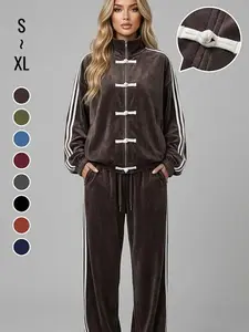 Women's Frog Button 3-Stripes Two-Piece Tracksuit - Loose Casual Zip-Up Jacket & Wide Leg Pants Loungewear Fit