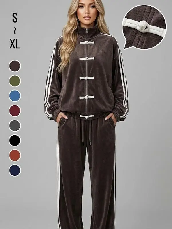 Women's Frog Button 3-Stripes Two-Piece Tracksuit - Loose Casual Zip-Up Jacket & Wide Leg Pants Loungewear Fit