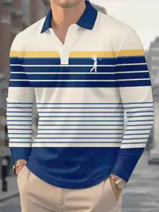 Men's Long Sleeve Shirt, Polo, 3D Print Blue Stripes Design, Golf Pattern, Casual Style, All Seasons Wear, Fitted Fit