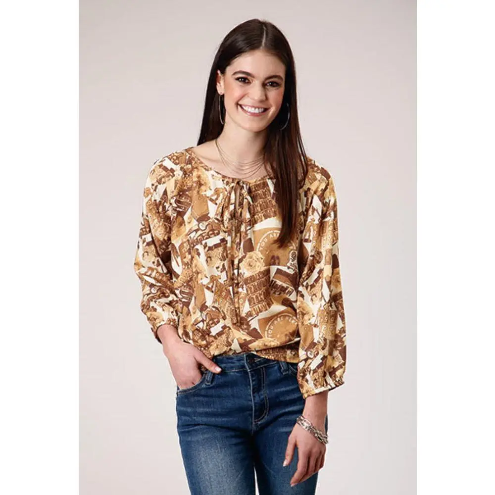 Women's Collage Printed Rayon Peasant Blouse