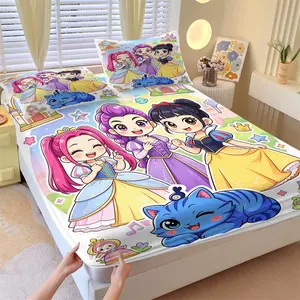 3-Piece Kawaii Princess & Blue Cat Fitted Sheet Set, Ultra Soft & Breathable Microfiber, Deep Pocket Non-Slip Mattress Cover, 1 Fitted Sheet + 2 Pillowcases, Cute Fairy Tale Cartoon Bedding for Girls Teens Bedroom Dorm