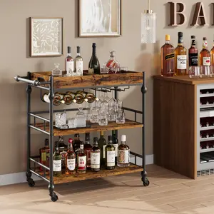 3 Tier Rolling Bar Serving Cart with Wine Rack, Removable Tray and Stemware Holder, Metal Mobile Beverage Storage for Kitchen Dining Room Living Room Home Bar, Space Saving
