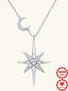 S925 silver moissanite star and moon necklace, women's celestial pendant necklace with a total weight of 0.28 CTW, suitable for daily wear, small surprise jewelry gift for anniversaries