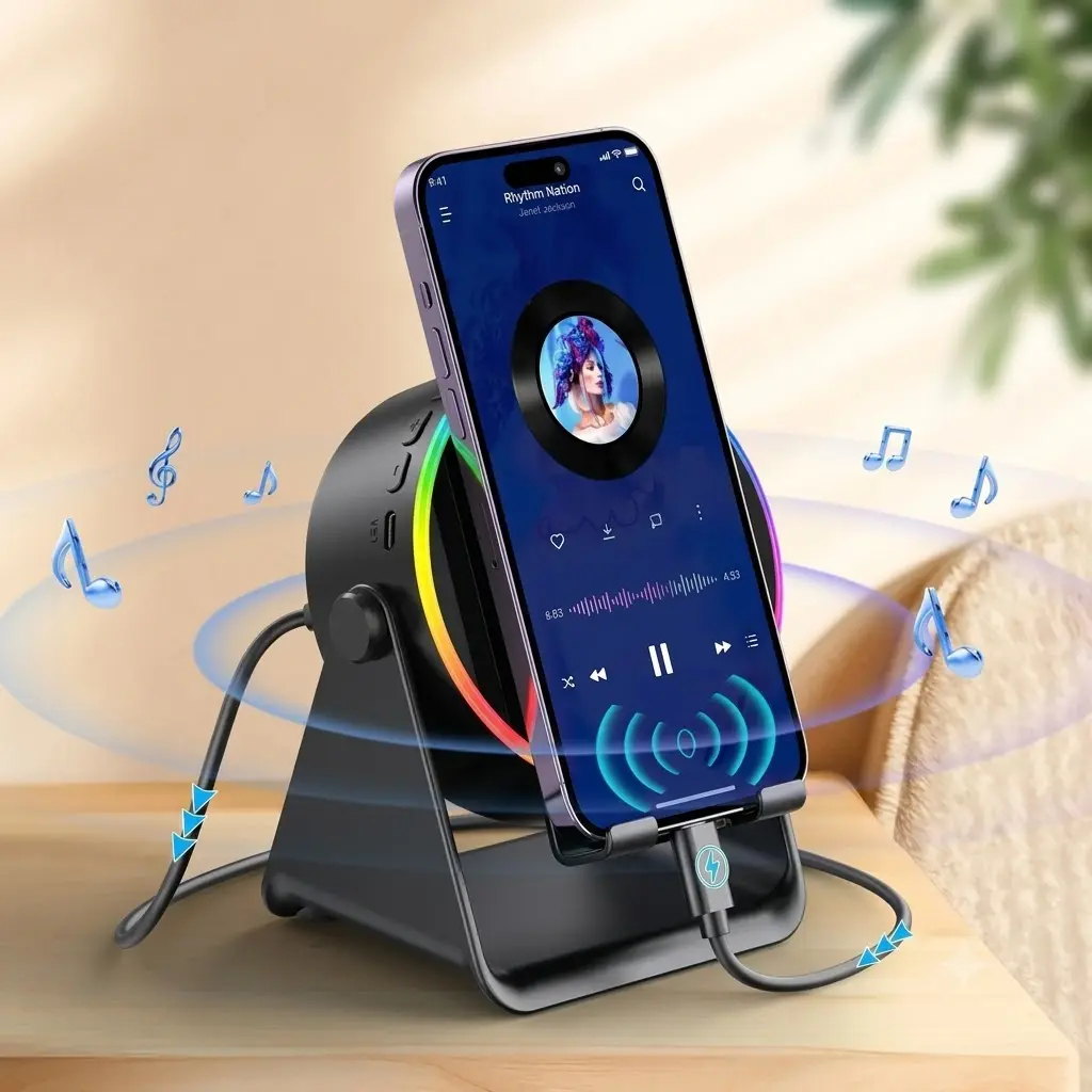 Multifunctional Desktop Audio Speaker Stand - 5-in-1 Adjustable Rotatable Electronic Device Holder, 3500mAh Rechargeable Emergency Power Bank, 360° Rotatable Smartphone/Tablet Stand with LED Speaker Ring, SummerWins Gift for Men mart sensing
