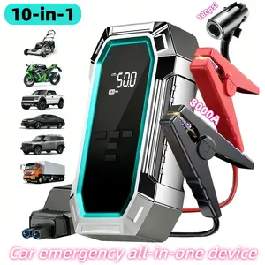 10-in-1 Wireless Vehicle Emergency Device including 180 PSI air compressor, Tire Inflator Cordless, 12/24V battery boost starter, 8000mAh battery pack, tire pressure monitor, flashlight, jumper connector and inflation accessories
