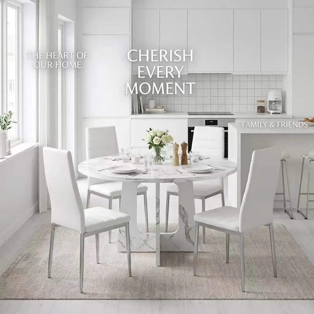 Modern Farmhouse 5-Piece Round Shape Dining Room Set - 47in Marble-Veneer White Indoor Furniture Set with 4 High-Back White PU Leather Chairs, Seats 4-6, Shipped in 2 Packages