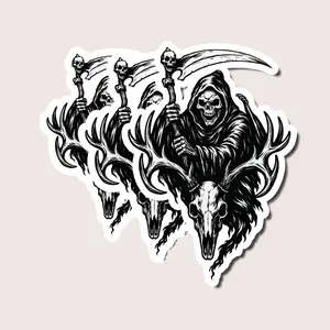 Grim Reaper Deer Skull Sticker, Gothic Hunting Vinyl Decal, Dark Antler Skull Reaper Art, Badass Outdoorsman Sticker for Truck, Cooler, Gear