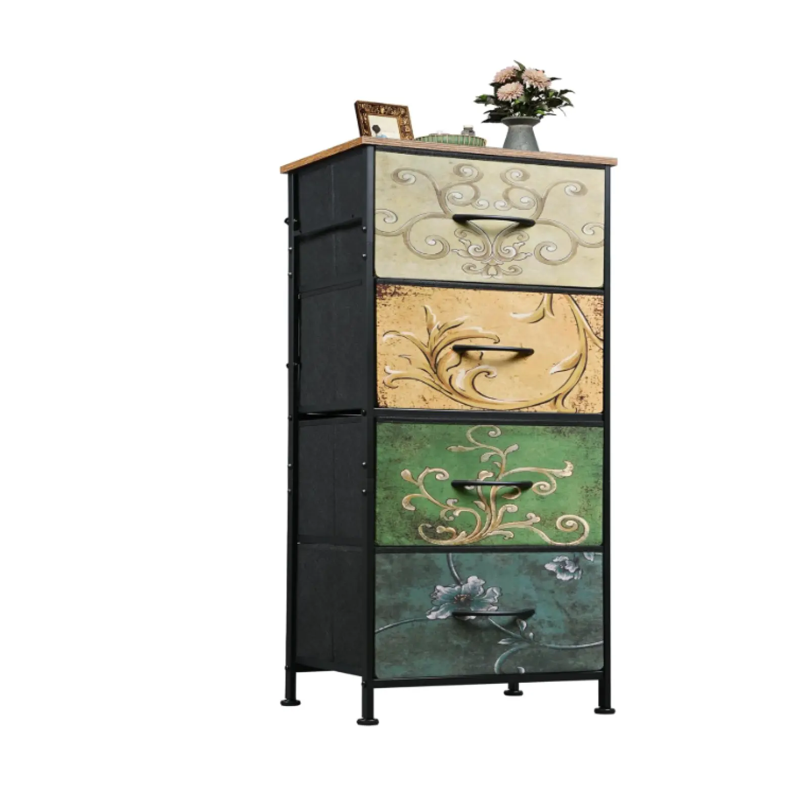 Bedside Table with Fabric Drawer, Steel Frame Wood Top Organizer - Bedroom Living Room Nightstand - Folding Storage Cube - Movable Furniture