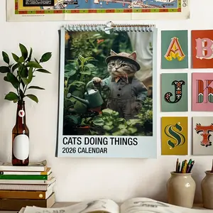 2026 New Cat Calendar Wall Decor, Working, Skiing, Drinking Coffee Cats, Funny Animal Art, Home Office Decoration, Wall Calendar Planner