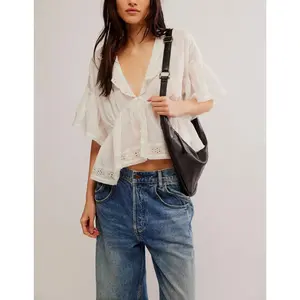 Women Lace Flowy Peplum Tops Boho Bow Tie Front Western Shirts Beach Sheer Ruffle Trim Short Sleeve Peasant Blouse