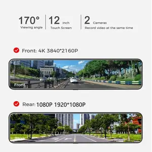 4K+1080 HD Rearview Mirror Dash Cam, 12 Inch Screen, WiFi Connection, GPS Tracking, Loop Recording, Backup Assist, Car Dvr Recorder