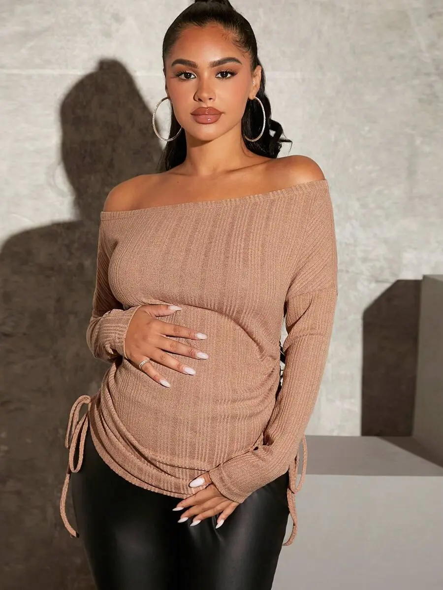 Bumpie x MaterniChic Maternity Off Shoulder Drawstring Side Tee With Long Sleeve Fall