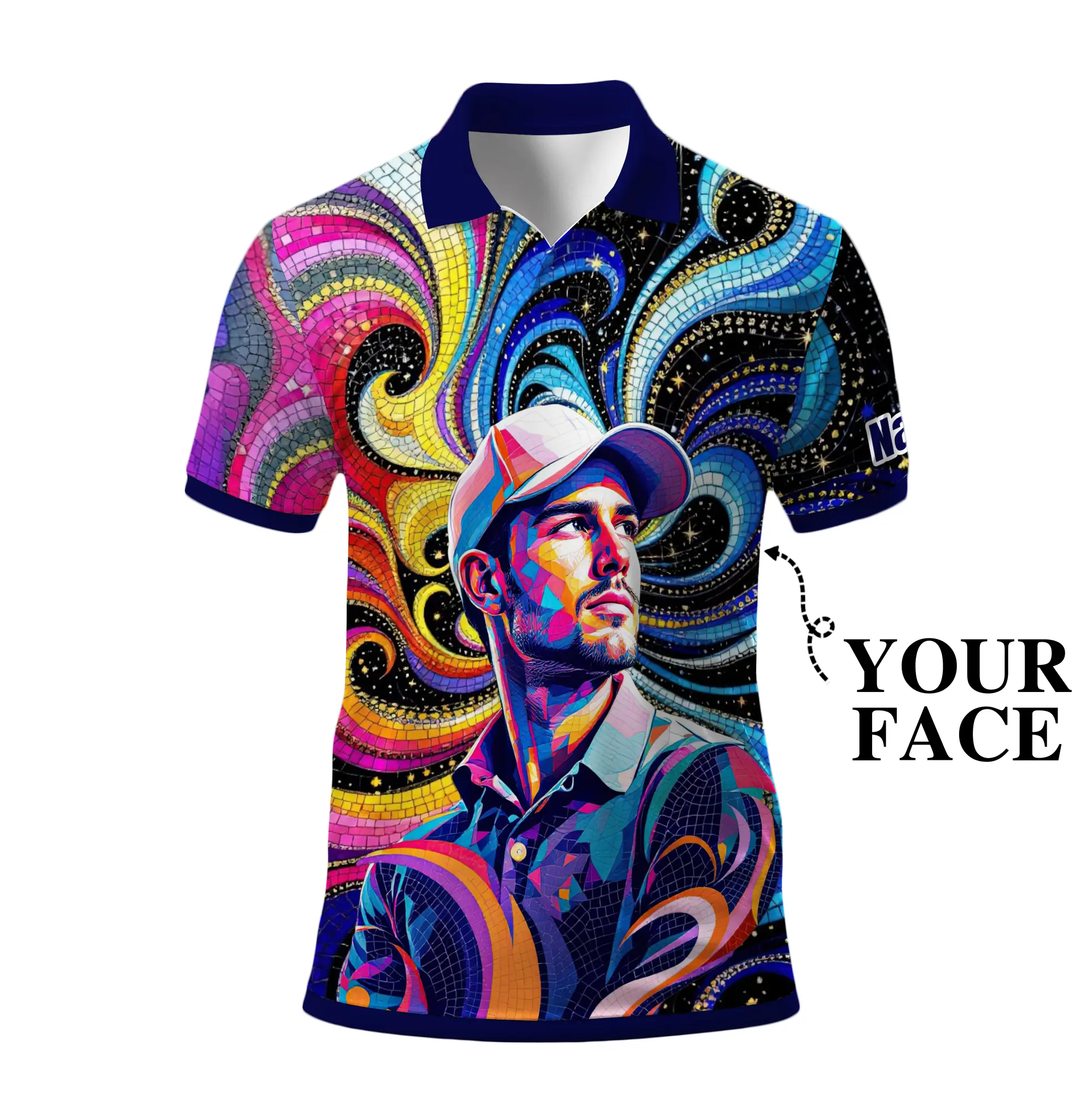 Personalized Golf Polo Shirt for Men - Explosive Mosaic Swing Design with Custom Face - Breathable Moisture-Wicking Fabric - Perfect Gift for Golf Lovers