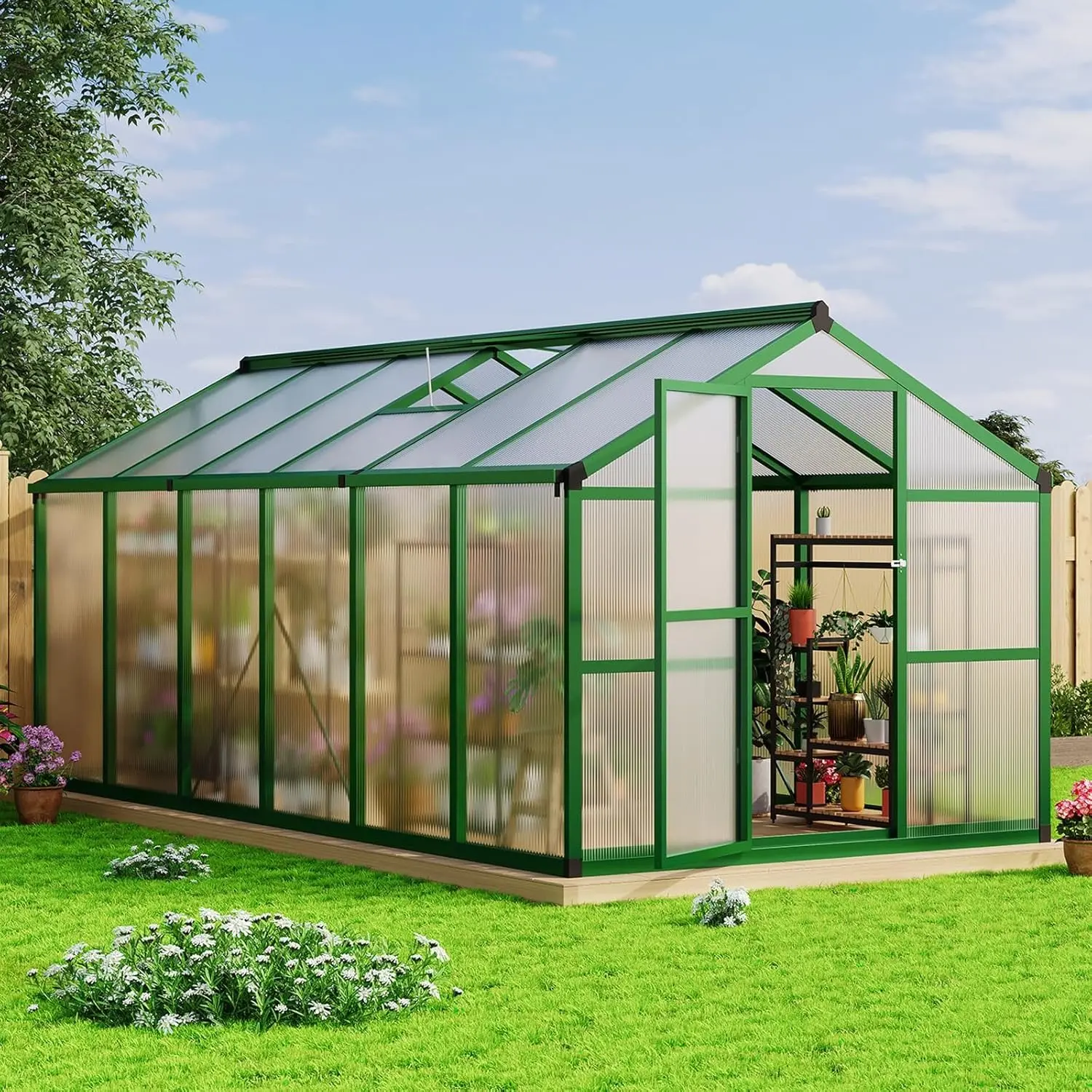 8ftx12ft Rectangle Walk-in Polycarbonate Greenhouse - Heavy-Duty Aluminium Frame, Balanced Ventilation Roof Vents, Lightweight, 110 lbs/sq ft Sun Protection, Assembly Required Outdoor Structure for Home Garden Flower Growing
