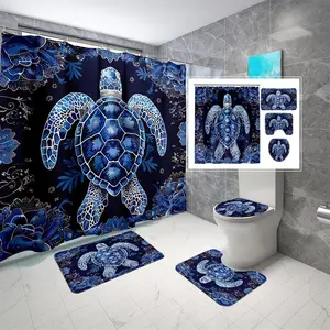 Turtle Pattern Bathroom Decor Set, 4 Counts/set Including 1 Shower Curtain & 1 Toilet U-shape Mat & 1 Rectangular Mat & 1 Toilet Lid Cover, Bathroom Accessories with Hooks, Bathroom Decoration Accessories, Shower Curtain Sets