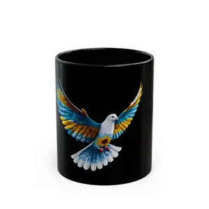 Colorful Ukrainian Dove Black Mug, Inspirational Coffee Mug, Nature Lover Gift, Bird-Themed Kitchenware, Unique Drinkware