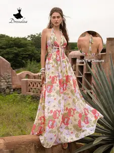 Women's Bohemian Halter Long Maxi Dress, Adjustable Strap Floral Print, Perfect for Beach Vacation, Daily City, Park Walks, Friend Gatherings