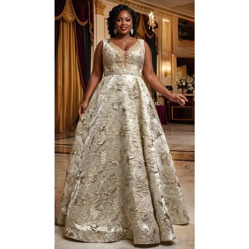 gold plus size a-line dress Plus Size Ruffle V-Neck A-Line Floor Length Evening Dress for Special  Occasions main image 1
