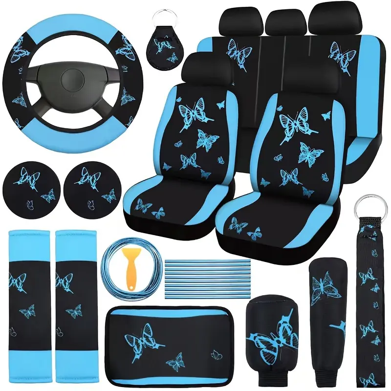 41pcs Butterfly Car Seat Full Set Butterfly Auto Accessories Women 5pcs Front and Rear Seat Covers Wrist Straps 2pcs Coasters Armrest Pads 2pcs Seat Belt Cover Accessories for Car SUV Truck Car Interior Set Car Interior Accessory