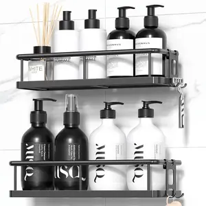 Shower Caddy Adhesive Organizer, Rustproof Shower Shelf for Bathroom Storage, Large Capacity Shower Rack with Removable Hooks, No-Drill Wall Mounted Shower Organizer for Inside Shower – Black
