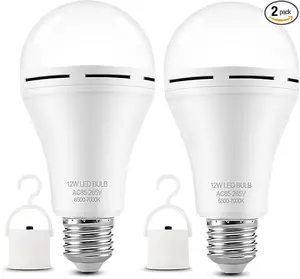 Emergency Rechargeable Led Light Bulb 2 Pack with Hook,Stay Lights Up When Power Failure, 1500mAh 12W 60W Equivalent LED Light Bulbs for Home, Camping, Hiking