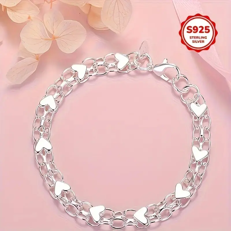 Elegant 925 Sterling Silver Heart Charm Chain Bracelet for Women Hypoallergenic, Durable & Perfect for Couples Wedding Fashion Party Jewelry Popular Birthday Gifts