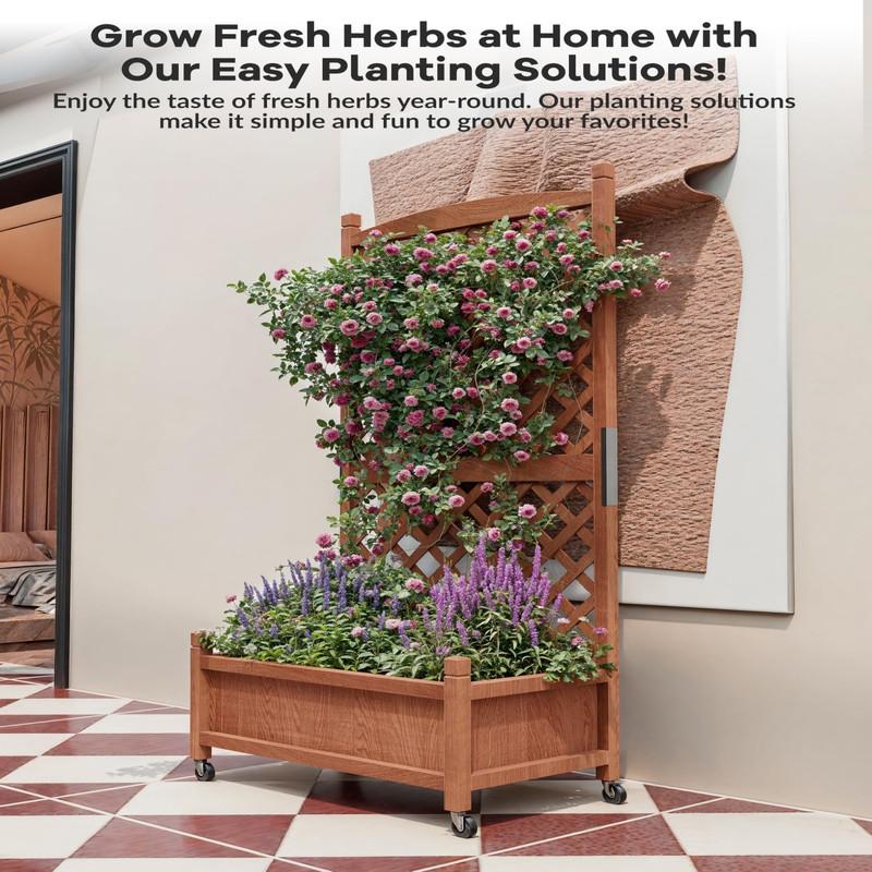 1PC Wood Planter Box with Trellis - 29.5"x26"x61.5" Tall Raised Garden Bed with Wheels, Drainage Holes, Vertical Flower Stand for Patio Horticulture