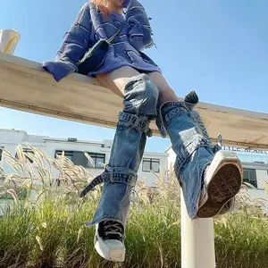 Y2K Subculture Baddie Denim Leg Warmers Washed Tie-Up Stackable lrregular Calf Niche Design Unique Fashion Sleeves Style