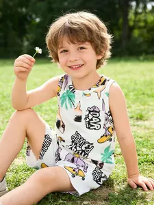 2Pcs Boys Outfit Sleeveless Tank Top Vest and Shorts Set Front Button Cute Shark Dinosaur Palm Print Casual Beach Sport Clothes