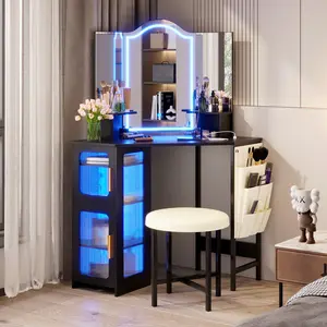 Dystler Corner Makeup Vanity Desk with Mirror and Lights, 44" Dressing Table with Charging Station, Makeup Table with Stool, Storage Cabinet and Adjustable Shelf, Bedroom Vanity for Girls Women