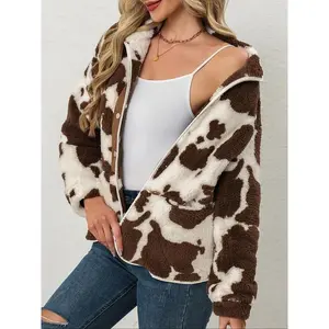 Women’s autumn–winter fashionable casual cow-print long-sleeve Sherpa jacket, warm buttoned jacket, slim-fit style