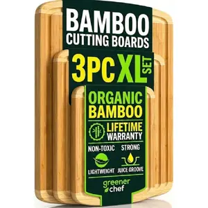 Organic Bamboo Cutting Board Set of 3 with Lifetime Replacements – Premium Extra Large Wood Cutting Boards for Kitchen with Juice Grooves for Carving & Serving, Non Toxic & Durable