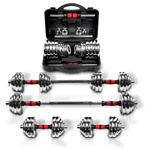 66LBS Adjustable Dumbbell Barbell Set - 3-in-1 Space-Saving Home Gym Equipment with Metal Connecting Rods, Chromed Steel Weight Plates, Ergonomic Non-Slip Grip, Hardcover Gift Box for Storage, Fitness Training Kit for Men Women Home Office Rehabilitation