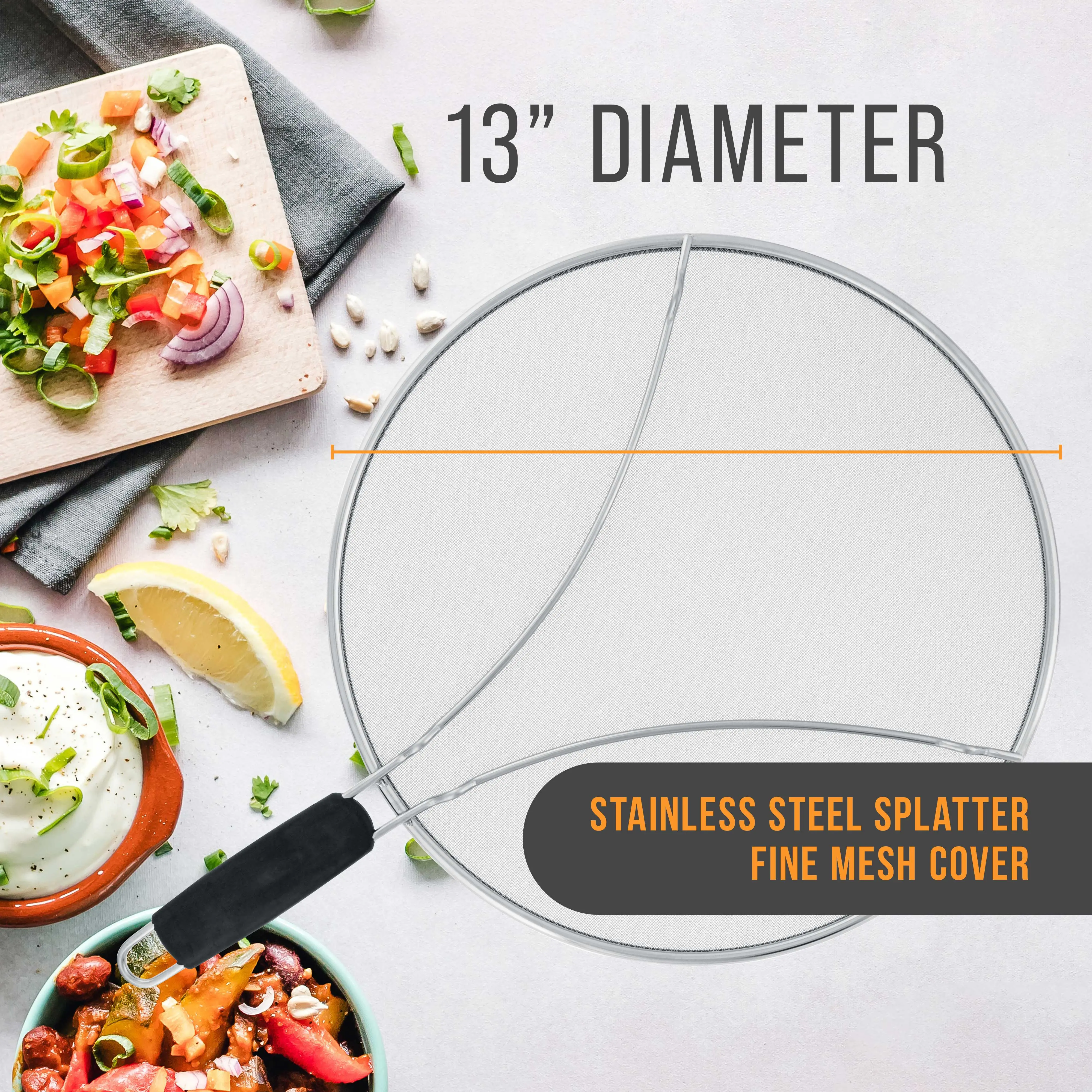 Stainless Steel Splatter Guard 13" Fine Mesh Cover, Grease & Oil, Splatter Screen for Frying Pan, Cooking Pots, with Resting Feet & Comfort Grip Handle