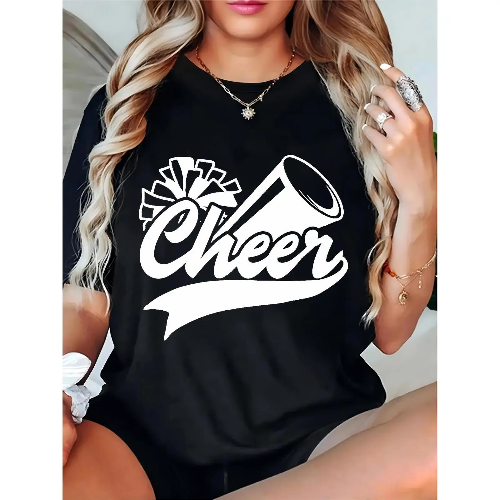 Women’s Black Cheer T-Shirt with Megaphone, Pom-Poms & “Cheer” Graphic – Ideal for Cheerleading Events, Game Days, School Spirit & Casual Wear