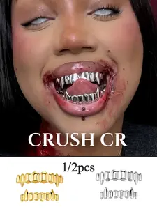 CRUSH CR 1/2pcs Bold Vampire Fang Full Set Grillz for Men Women, 18K Gold/Silver Plated Mirror Polished Design Hypoallergenic Removable Grillz, Perfect for Hip Hop Concerts, Music Festivals, Halloween Costumes, Club Nights Street Style