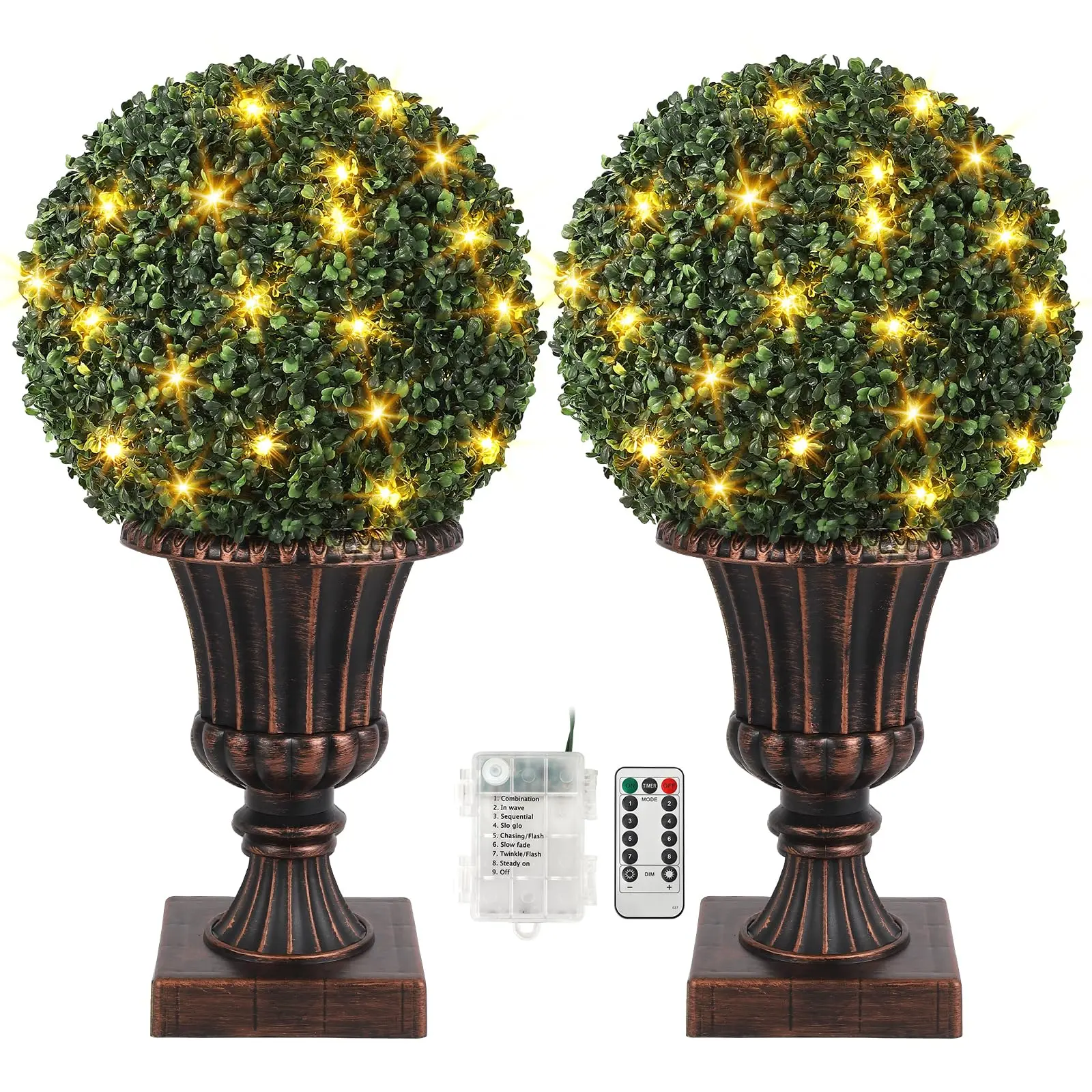 16” Artificial Plant Topiary Ball, Pre-Lit Artificial Topiary Plant with Lights, Timer and Remote Control, Artificial Outdoor Porch Trees with Red Urn Base for Outdoor Indoor，RED