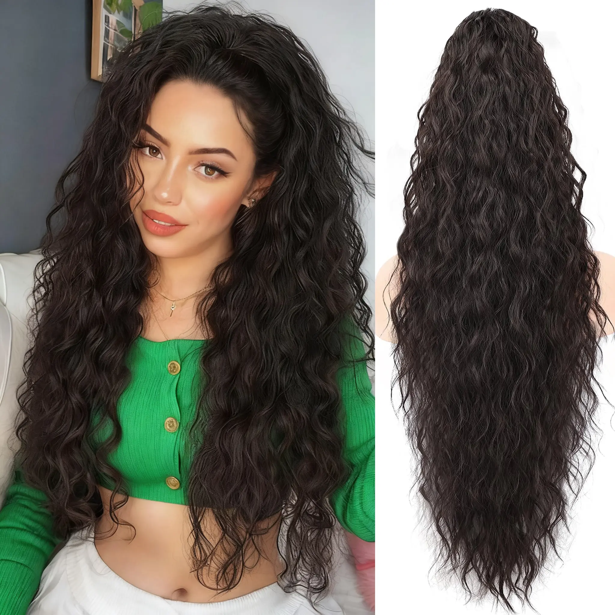 Ailika Claw Clip Ponytail Extension 30" Wavy | 2 in 1 Clip & Drawstring Ponytail Hairpiece Premium Synthetic Fiber Natural Soft Non-slip for Women Daily Party Wedding Black Brown