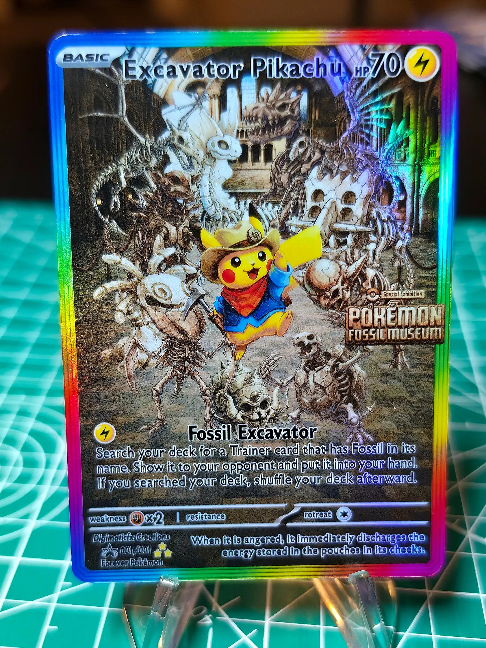 Excavator Fossil Pikachu, Alternate Fan Art, Custom Trading Card, Glossy Holographic Collectible Accessory
