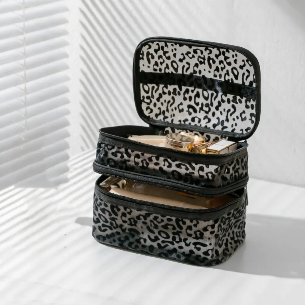 Leopard Print Black Mesh Double Layer Thick Makeup Bag Cosmetic Storage Bag Large Capacity Premium Look Handheld Transparent Toiletry Bag for Cosmetics and Tools Home Outdoor Essential Gift for Women Christmas Creative Gift Travel Pouch