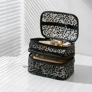 Leopard Print Black Mesh Double Layer Thick Makeup Bag Cosmetic Storage Bag Large Capacity Premium Look Handheld Transparent Toiletry Bag for Cosmetics and Tools Home Outdoor Essential Gift for Women Christmas Creative Gift Travel Pouch