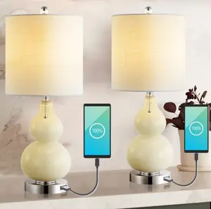 JONATHAN Y Cora Classic Vintage Glass LED Table Lamp with USB Charging Port , for bedroom, living room, foyer, hallways, dining room, dorms