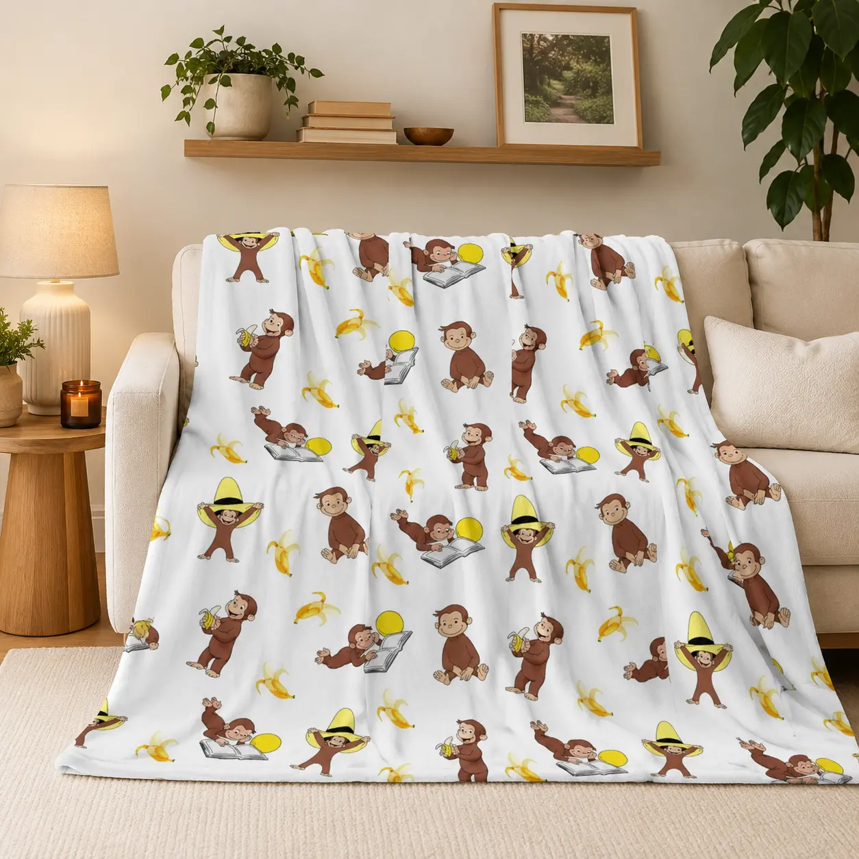 Curious George Banana Throw Blanket Soft Cozy Plush Flannel Fleece Bed Blanket for Kids Toddlers Boys Girls, Lightweight Warm Cartoon Monkey Blanket for Couch Sofa Bedroom Decor Cute Reading Monkey Gift, Birthday GiftsHoliday Gifts for Curious George Fans
