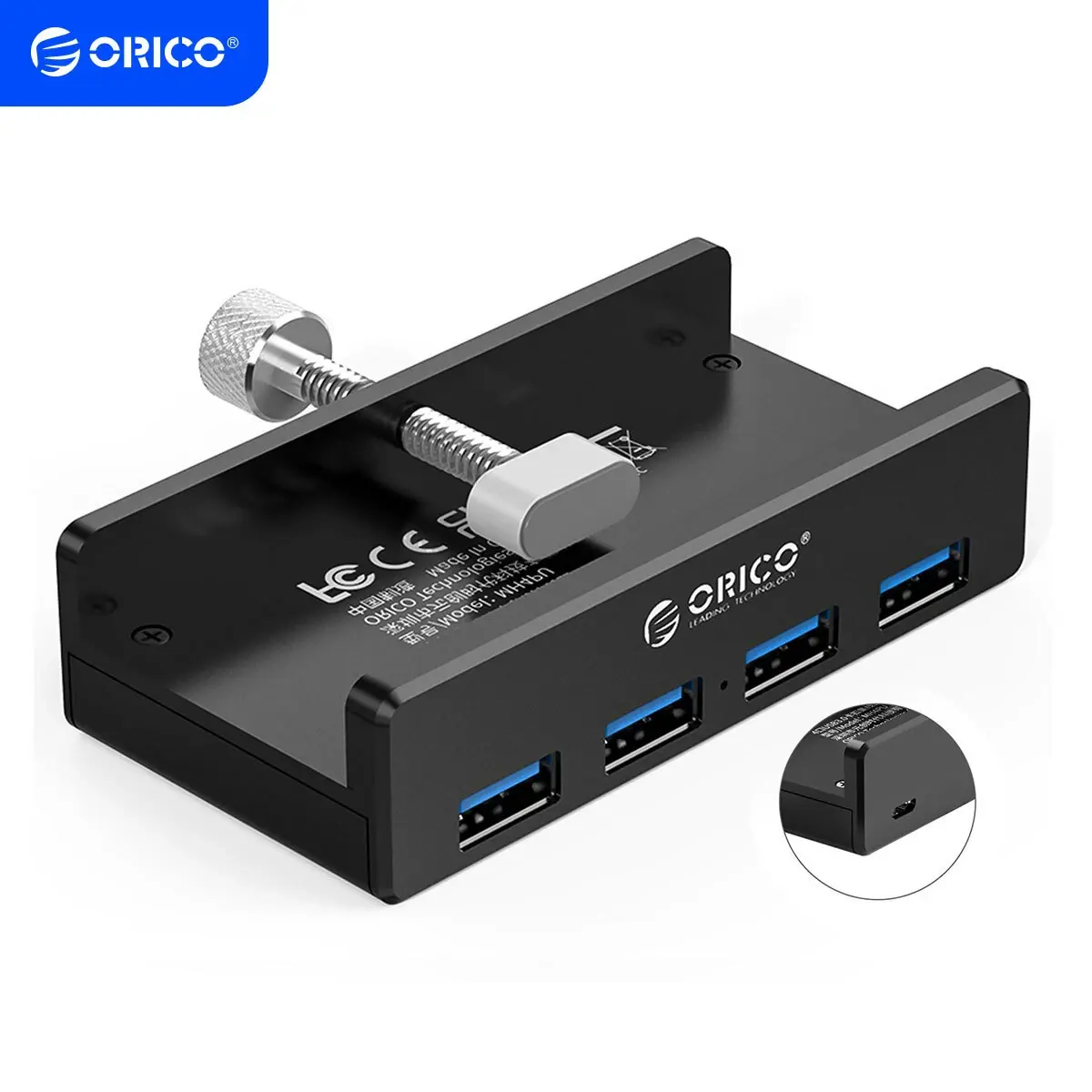 ORICO USB 3.0 Hub, USB Hub Clamp, Aluminum 4-Port USB Splitter with Extra Power Supply Port and 4.92 FT USB Data Cable, Desktop Powered USB Hub for Monitors/Desks-Black (Without Power Adapter)-MH4PU-P