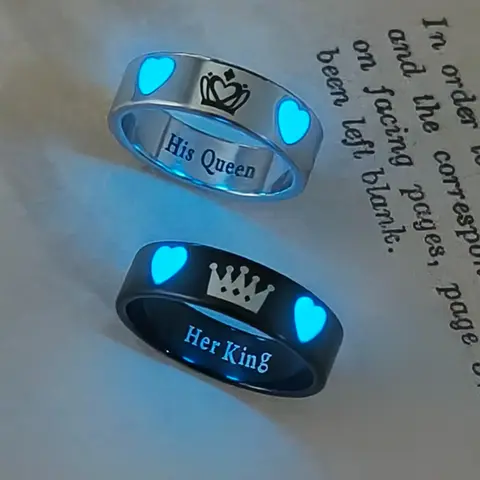2 Pcs Glow-In-The-Dark Heart Crown Couple Ring Set, King Queen Alphabet Design, Ace Block Pattern, Fashion Jewelry for Women, Valentine Gift, Beautiful Rings, Fashionable Jewelry